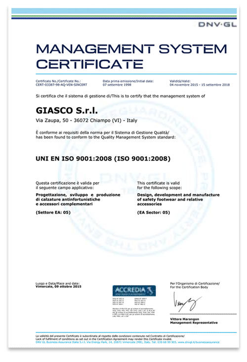 Todistus Giascon ISO 9001 -sertifioinnista.