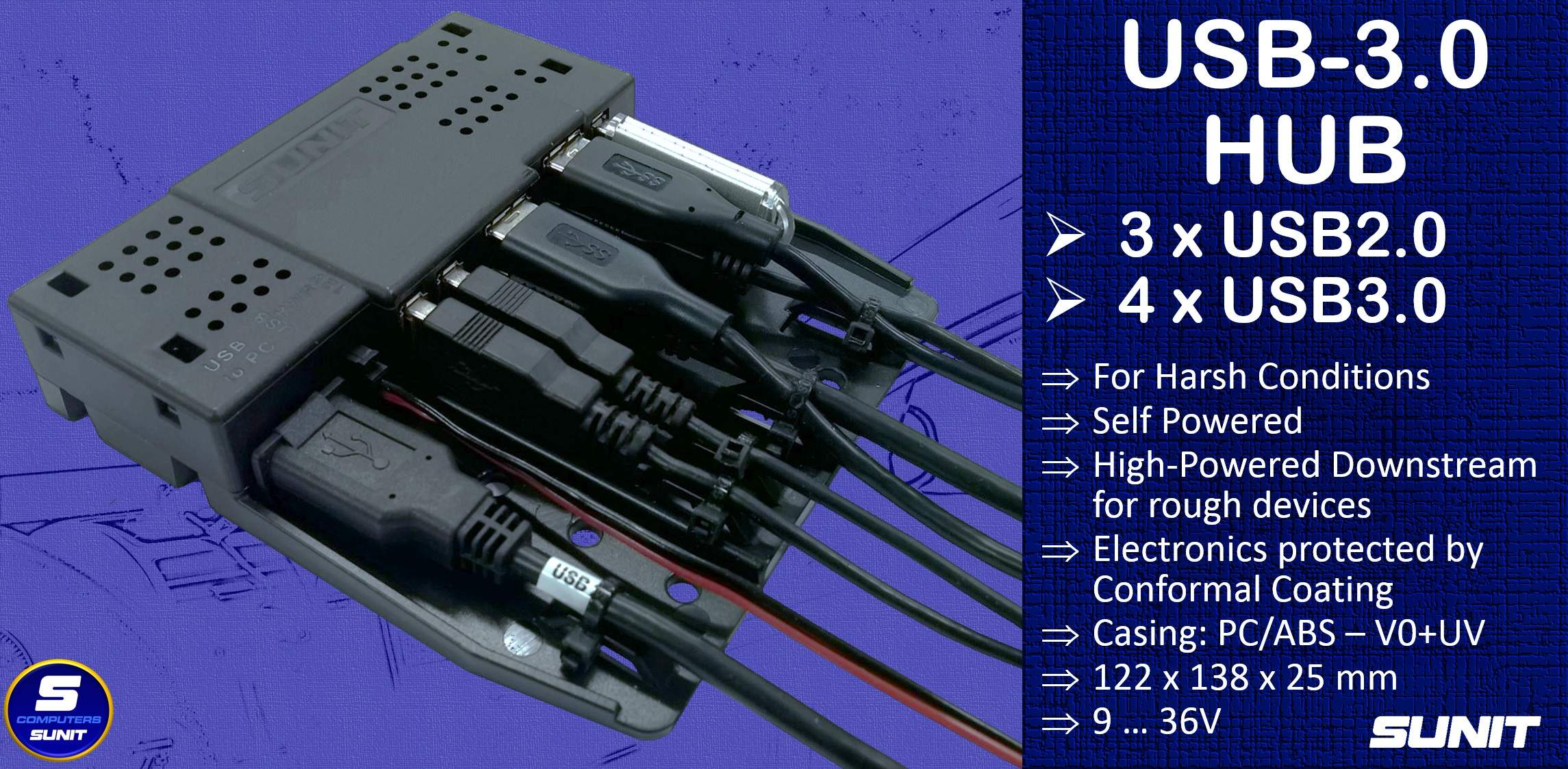 SUNIT Powered USB3.0 Hub for Industry and Fleets