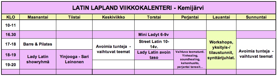 Latin Lapland tunnit, viikkokalenteri, salsaa lapissa, salsa lapland, yoga lapland, barre lapland, pilates lapland, bachata lapland, tanssikurssit