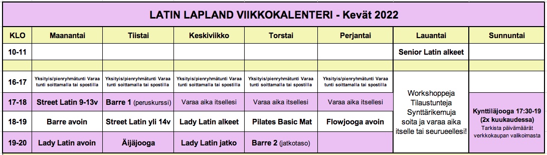 Latin Lapland, tunnit, jooga, barre, pilates, tanssi